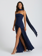 Strapless draped maxi dress with side slit, view 16