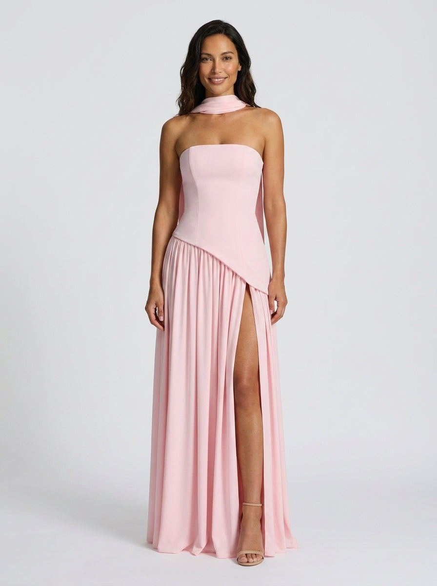 Strapless draped maxi dress with side slit, view 4