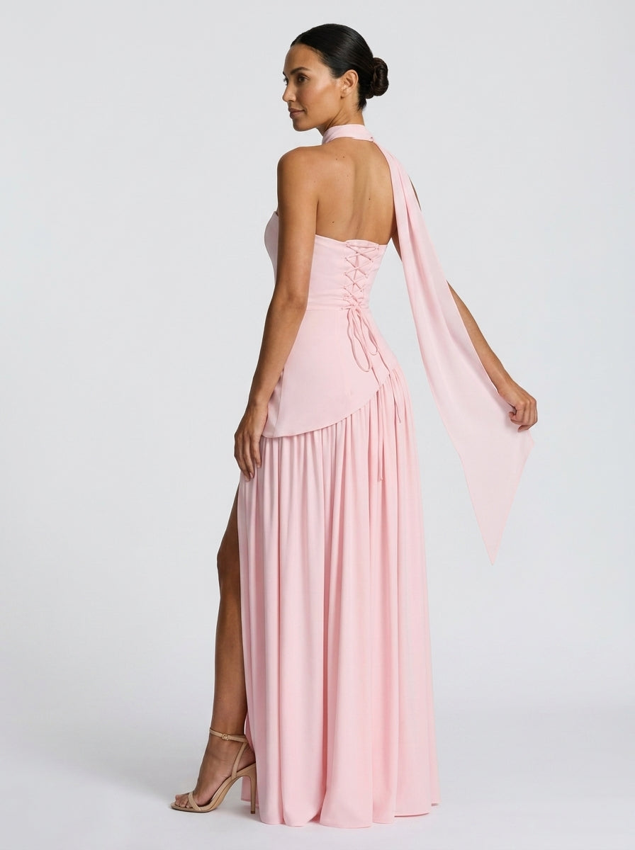 Strapless draped maxi dress with side slit, view 6