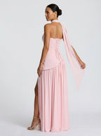 Strapless draped maxi dress with side slit, view 6