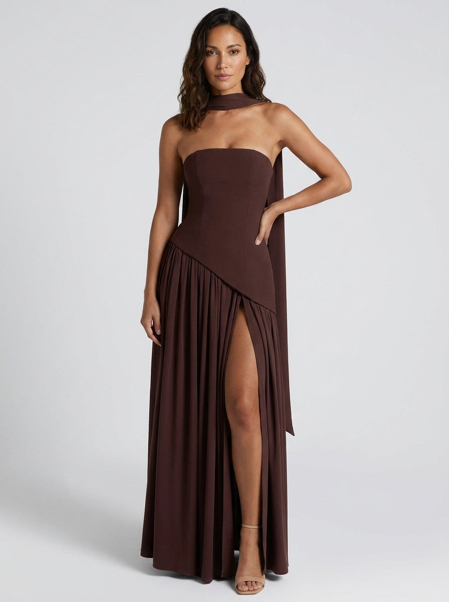 Strapless draped maxi dress with side slit, view 7