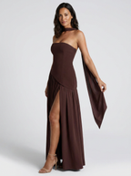 Strapless draped maxi dress with side slit, view 8