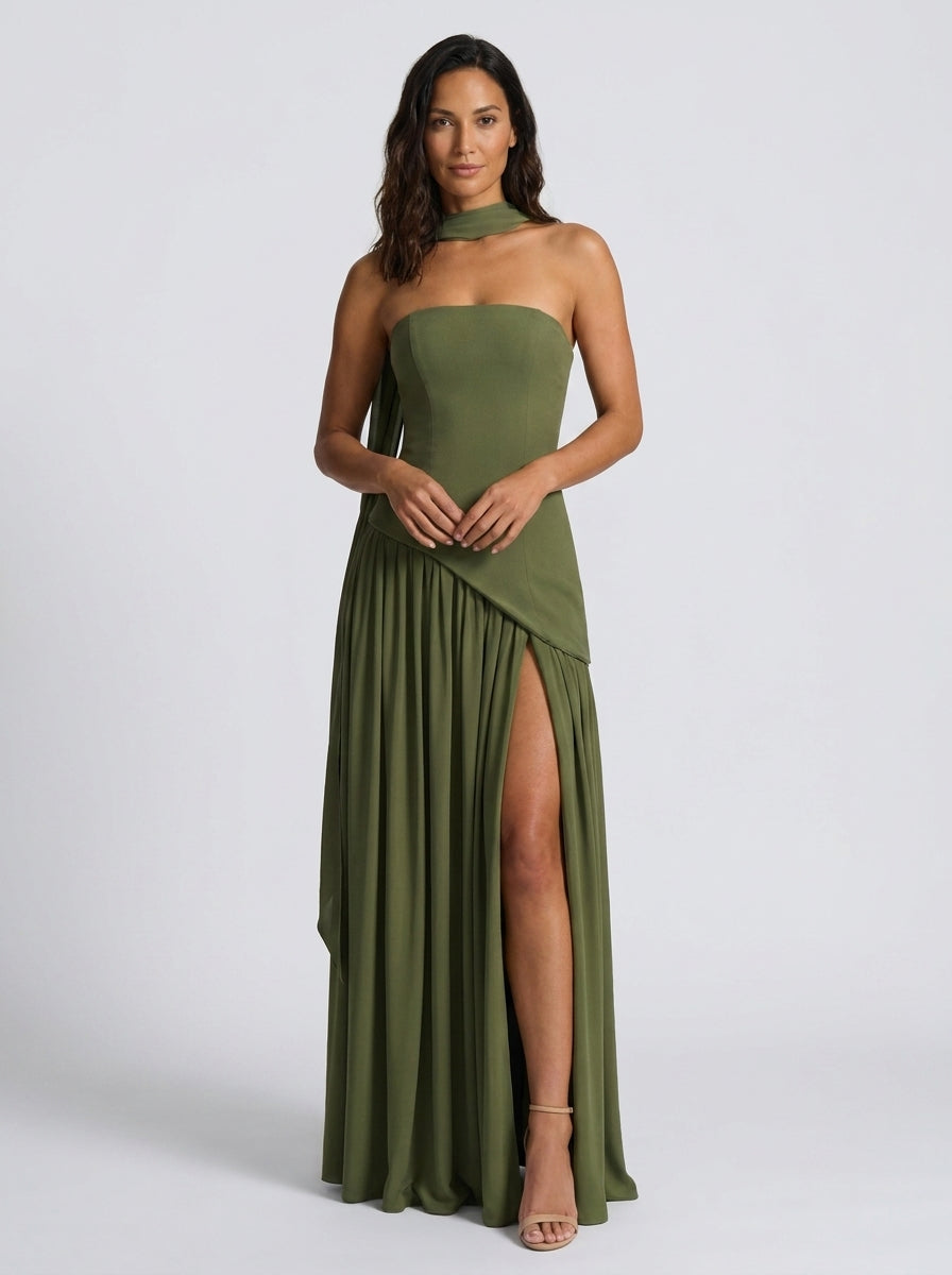 Strapless draped maxi dress with side slit, view 10