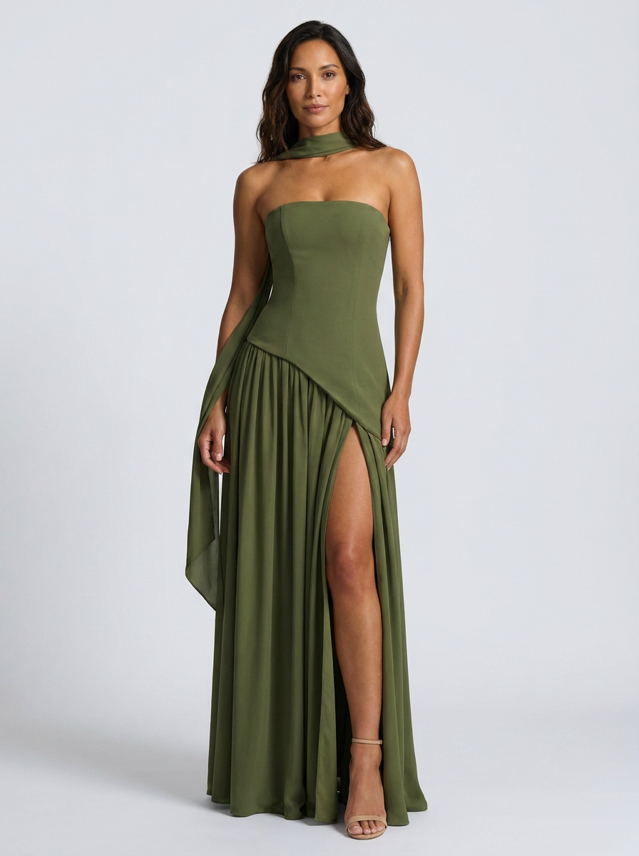 Strapless draped maxi dress with side slit, view 11