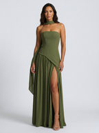 Strapless draped maxi dress with side slit, view 11