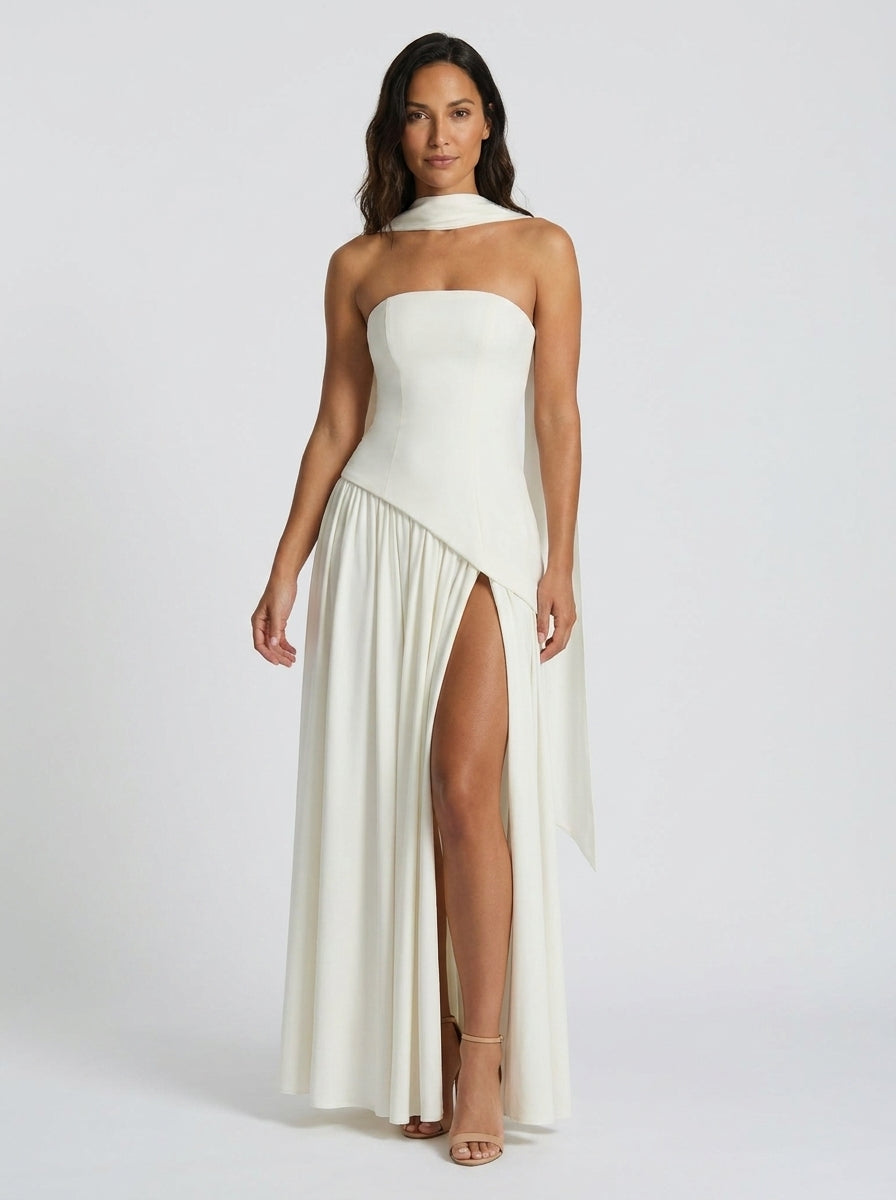 Strapless draped maxi dress with side slit, view 12