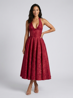 Floral jacquard halter midi dress with tulle skirt