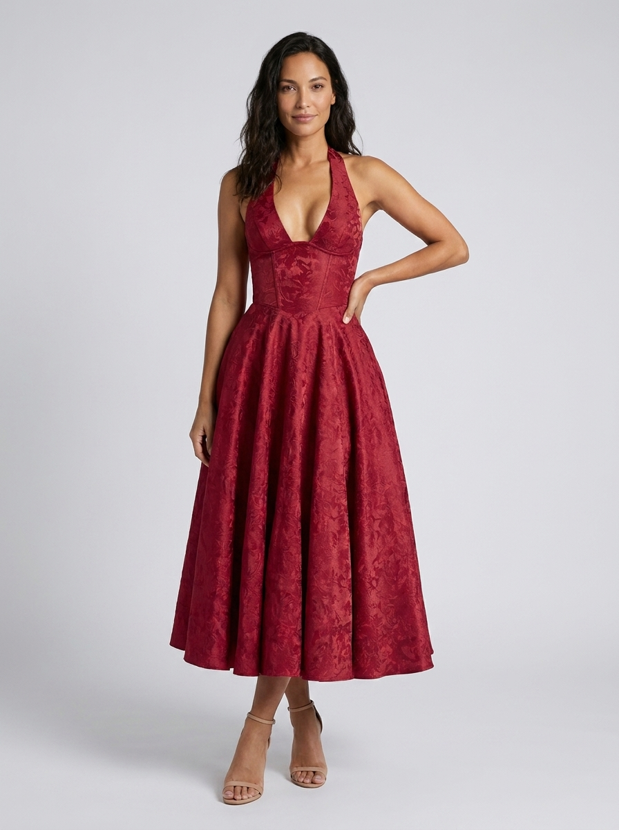 Floral jacquard halter midi dress with tulle skirt