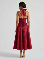 Floral jacquard halter midi dress with tulle skirt, view 2
