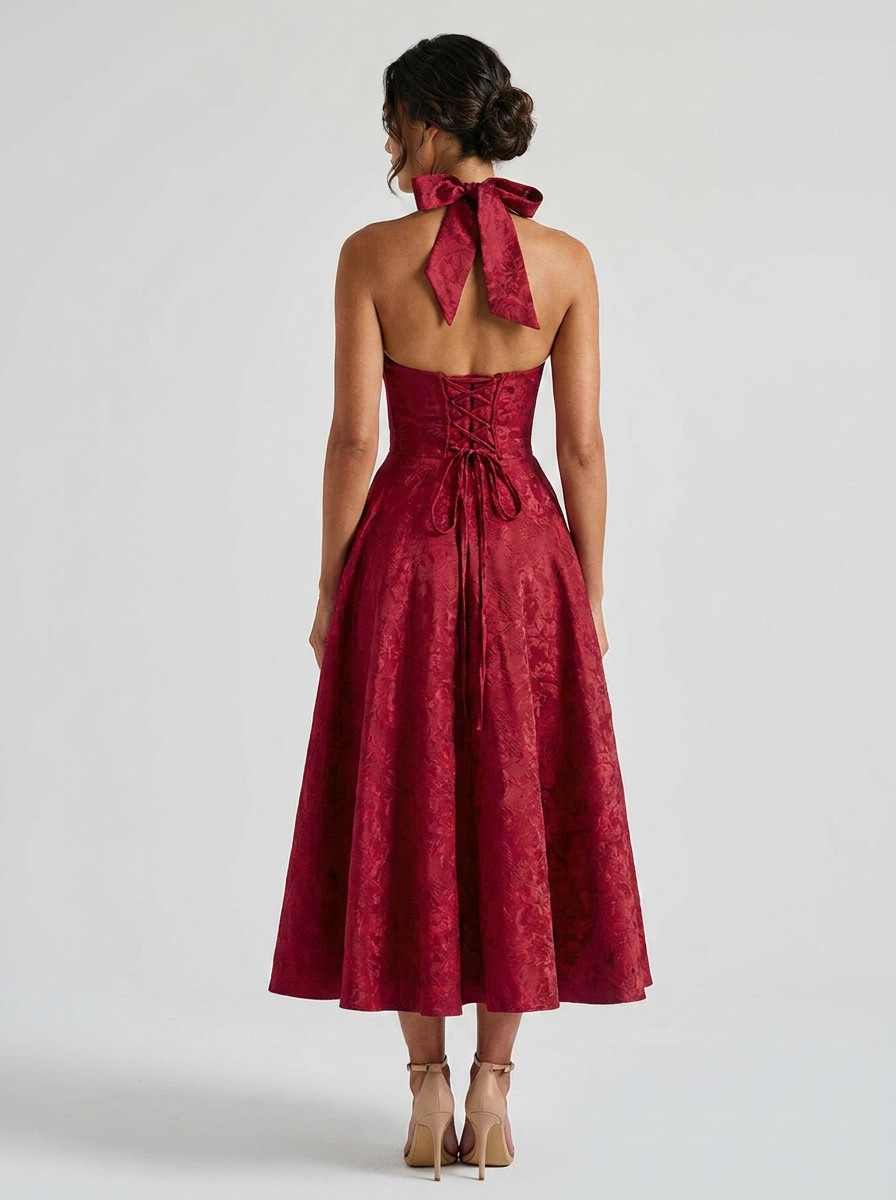 Floral jacquard halter midi dress with tulle skirt, view 2