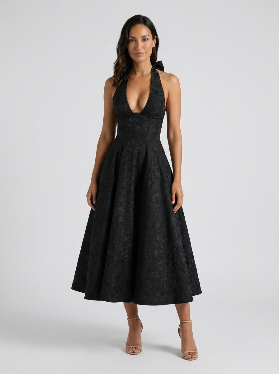Floral jacquard halter midi dress with tulle skirt, view 3