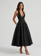 Floral jacquard halter midi dress with tulle skirt, view 4