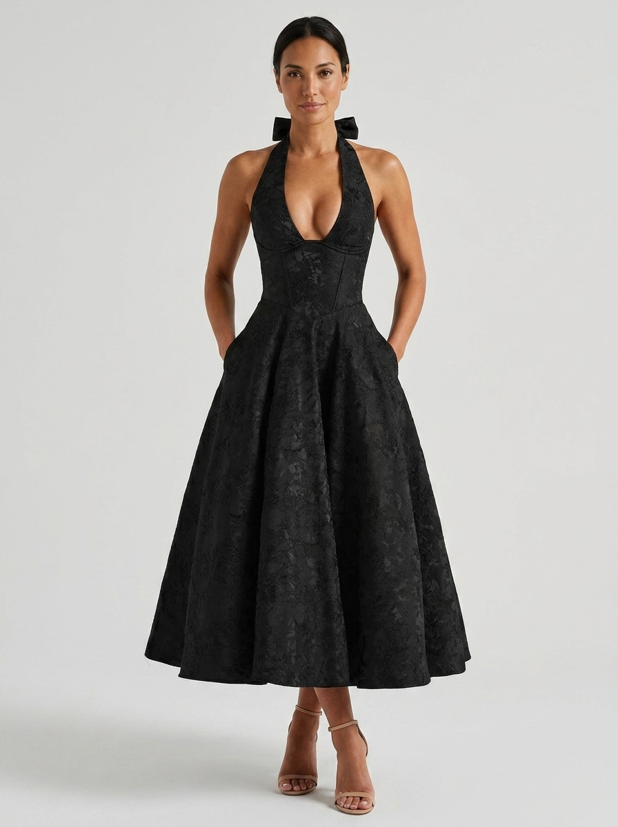 Floral jacquard halter midi dress with tulle skirt, view 5