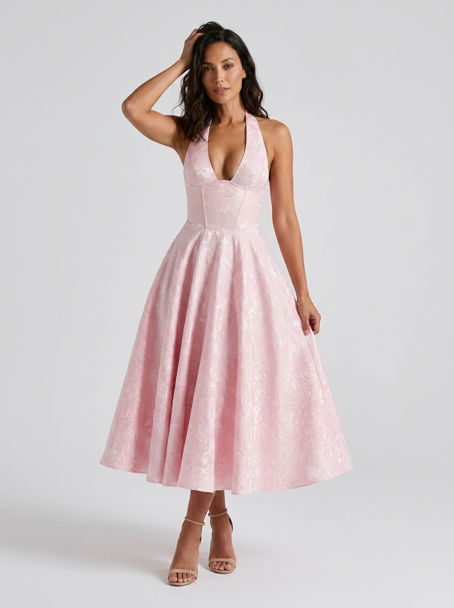 Floral jacquard halter midi dress with tulle skirt, view 6