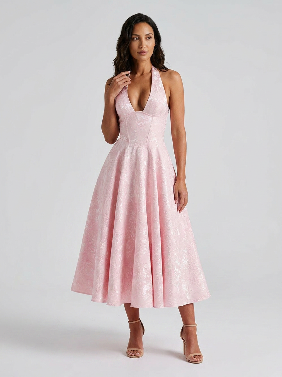 Floral jacquard halter midi dress with tulle skirt, view 7