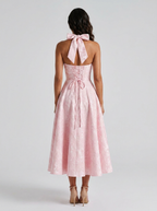 Floral jacquard halter midi dress with tulle skirt, view 8