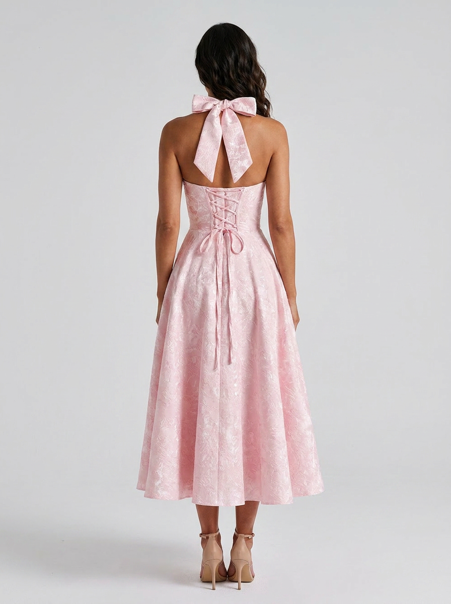 Floral jacquard halter midi dress with tulle skirt, view 8