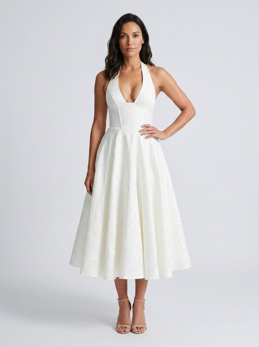 Floral jacquard halter midi dress with tulle skirt, view 9