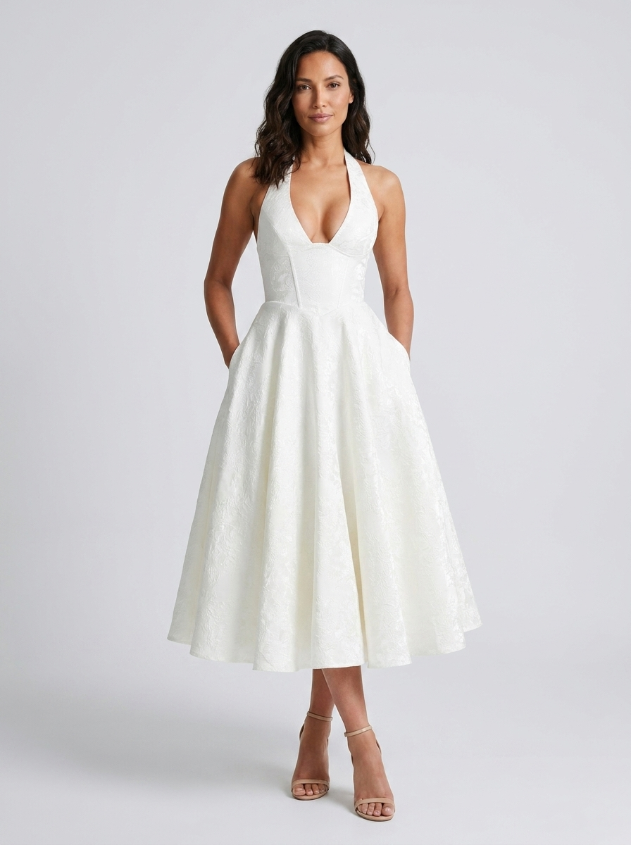 Floral jacquard halter midi dress with tulle skirt, view 10
