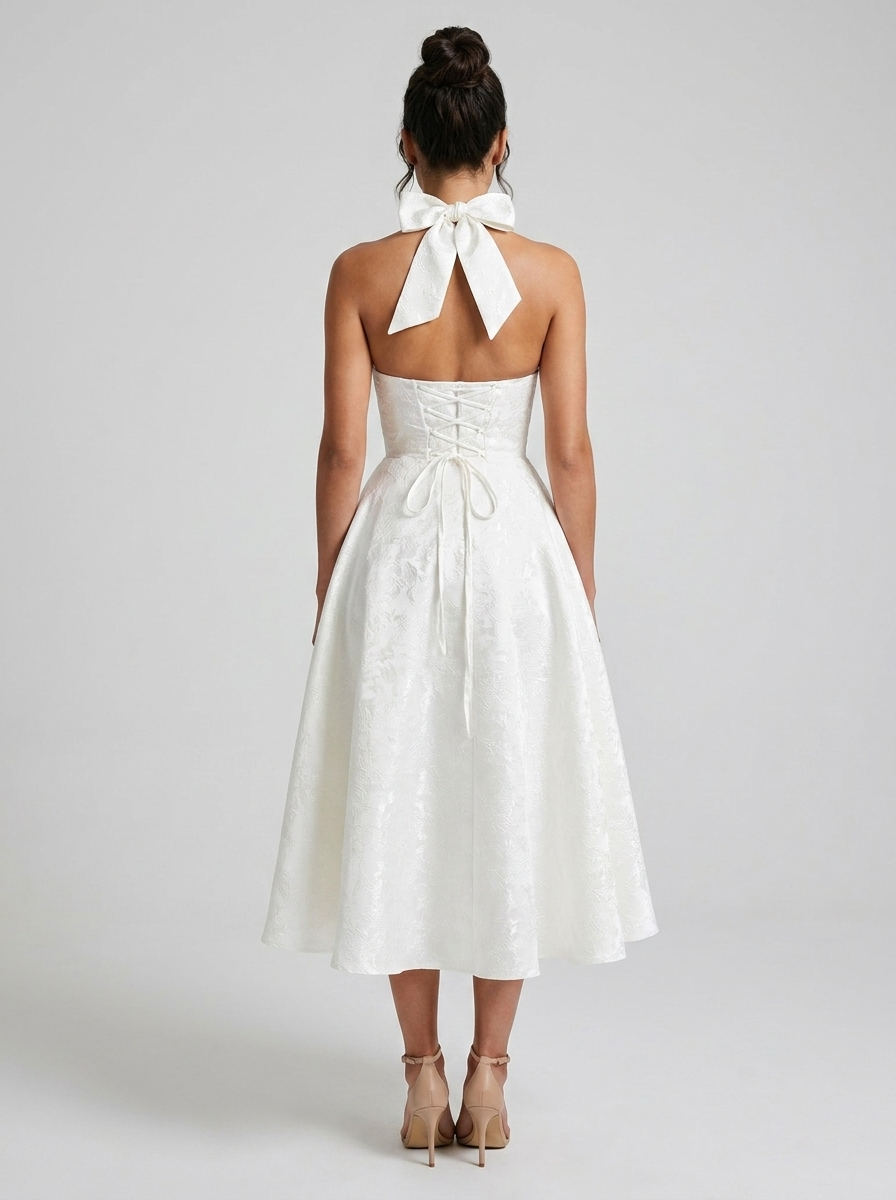 Floral jacquard halter midi dress with tulle skirt, view 11