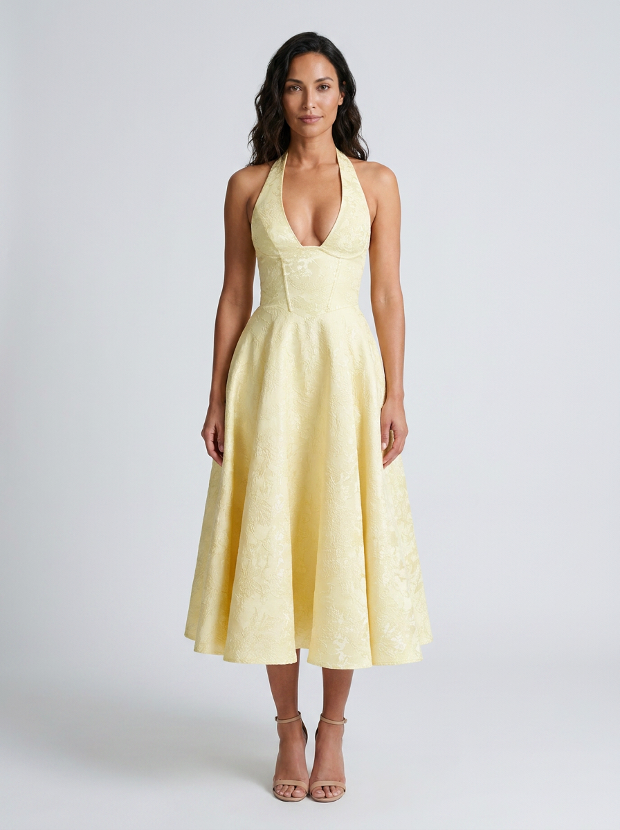 Floral jacquard halter midi dress with tulle skirt, view 12