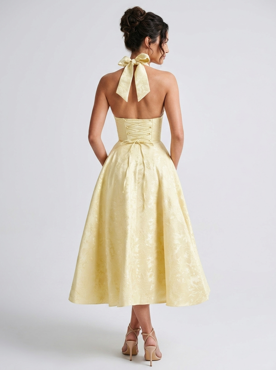Floral jacquard halter midi dress with tulle skirt, view 13