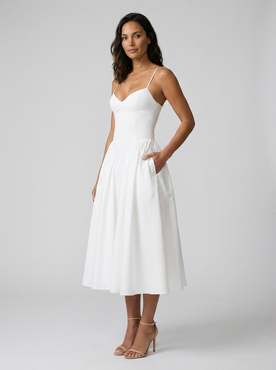 Dropped-waist midi dress with pockets, view 4