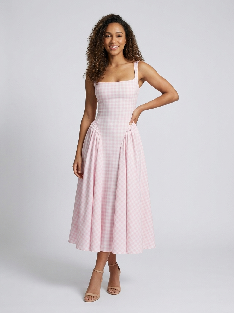 Gingham midi dress with lace-up back