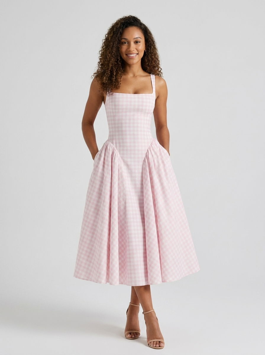 Gingham midi dress with lace-up back, view 2