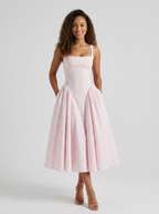 Gingham midi dress with lace-up back, view 2