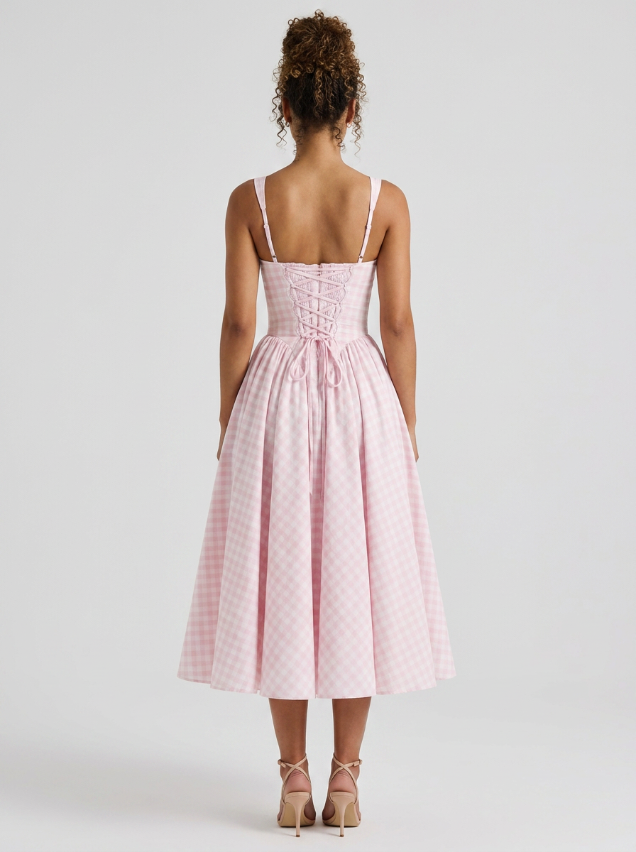 Gingham midi dress with lace-up back, view 3