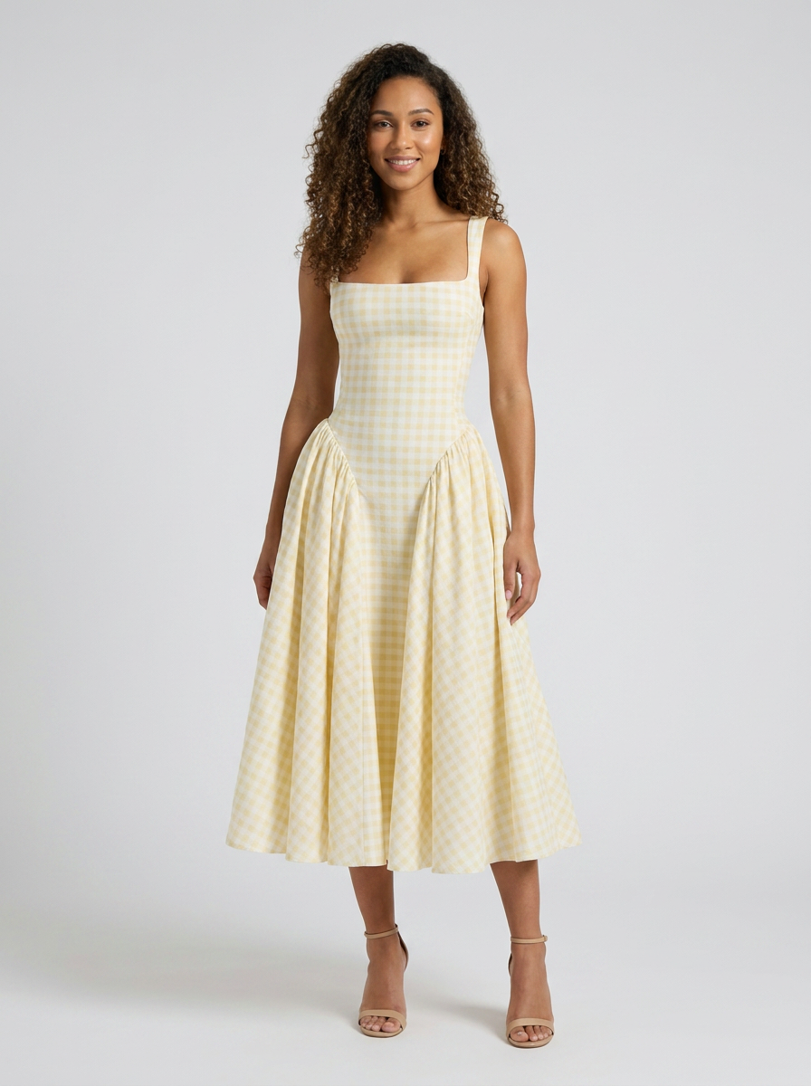 Gingham midi dress with lace-up back, view 4