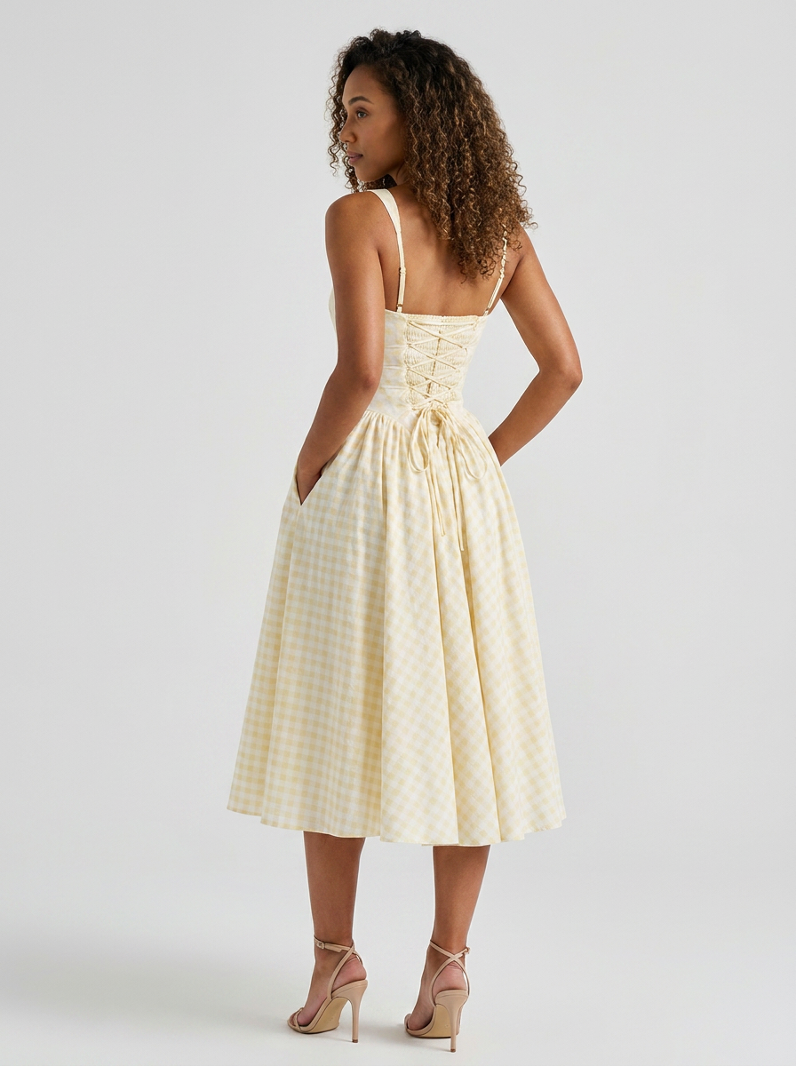 Gingham midi dress with lace-up back, view 5