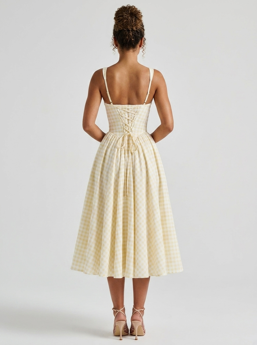 Gingham midi dress with lace-up back, view 6