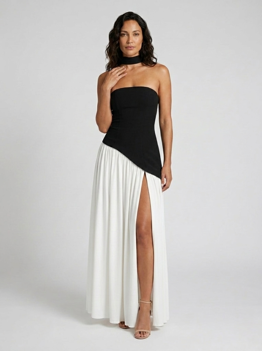 Strapless draped maxi dress with side slit, view 31