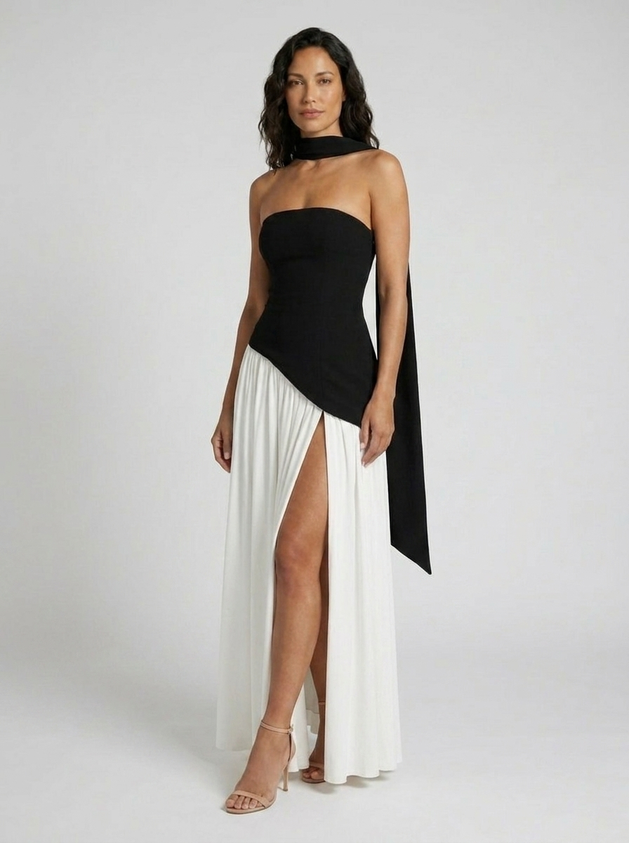 Strapless draped maxi dress with side slit, view 32