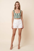 Green and white striped poplin corset crop top