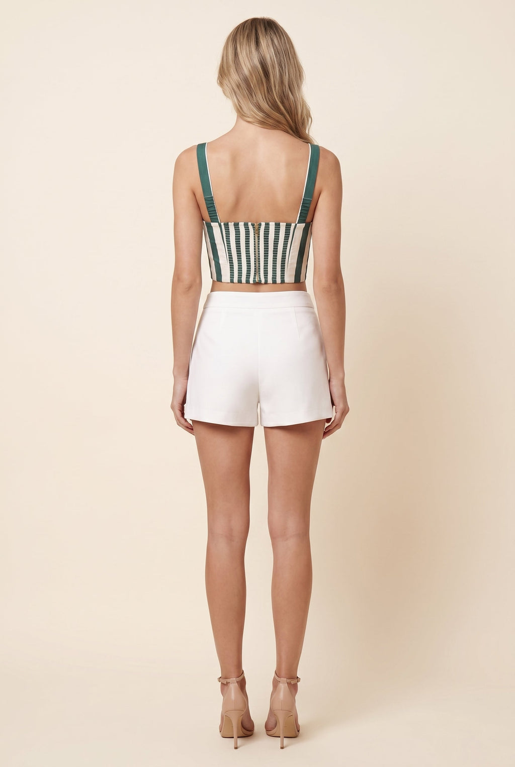 Green and white striped poplin corset crop top, view 3