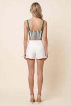 Green and white striped poplin corset crop top, view 3