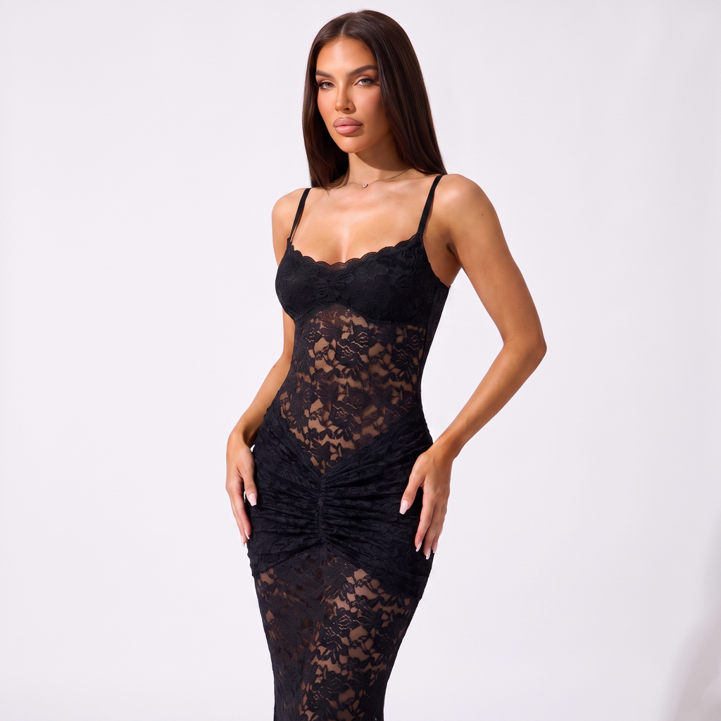 Floral lace mermaid maxi dress with spaghetti straps