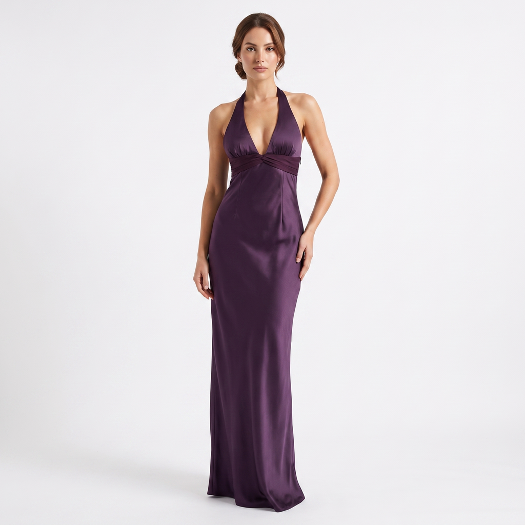 Purple satin halter maxi dress, alternate view 4