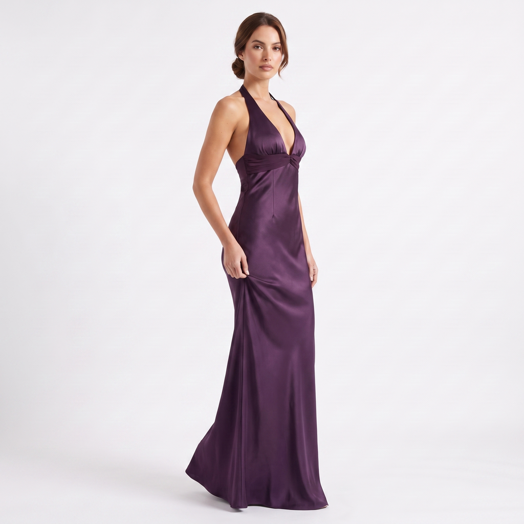 Purple satin halter maxi dress, alternate view 5