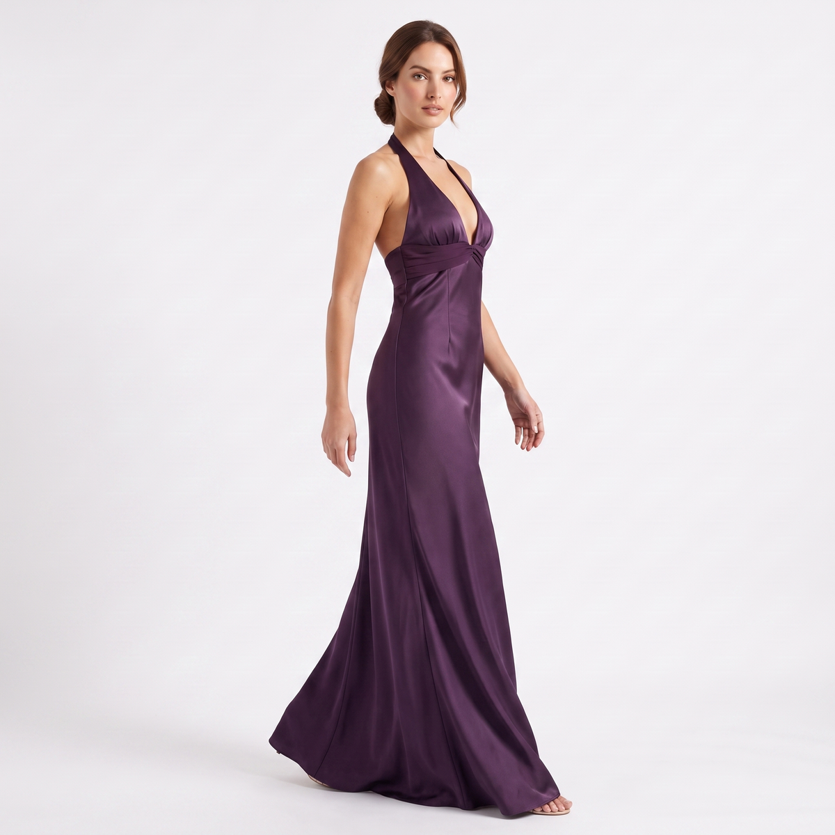 Purple satin halter maxi dress, alternate view 3