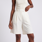 White high-waisted linen blend wide-leg shorts
