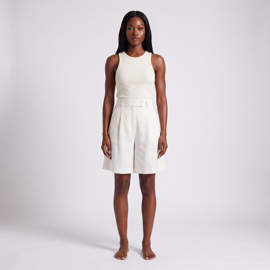 White high-waisted linen blend wide-leg shorts, alternate view 2