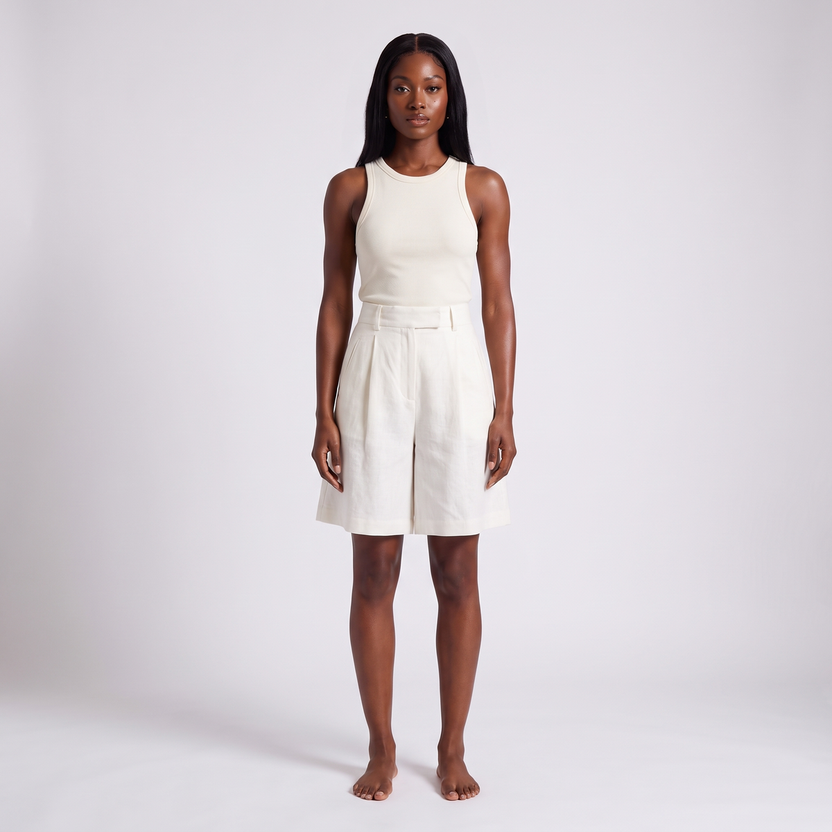 White high-waisted linen blend wide-leg shorts, alternate view 2