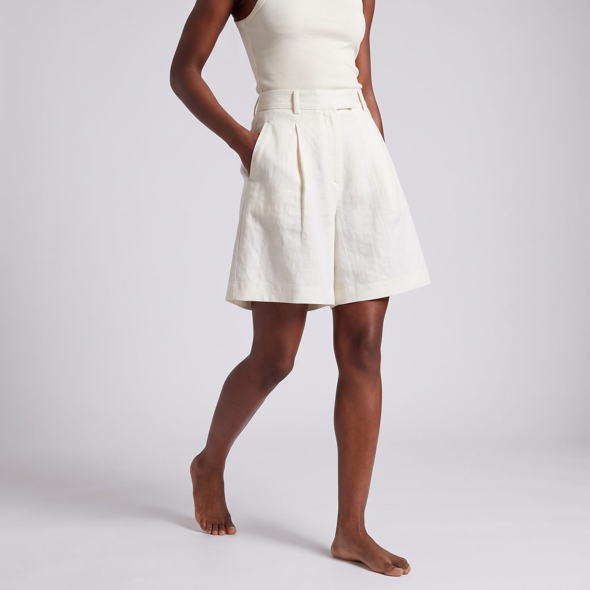 White high-waisted linen blend wide-leg shorts, alternate view 3