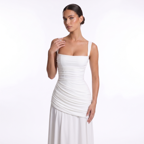 Chiffon maxi dress with ruched square neckline and lace-up back
