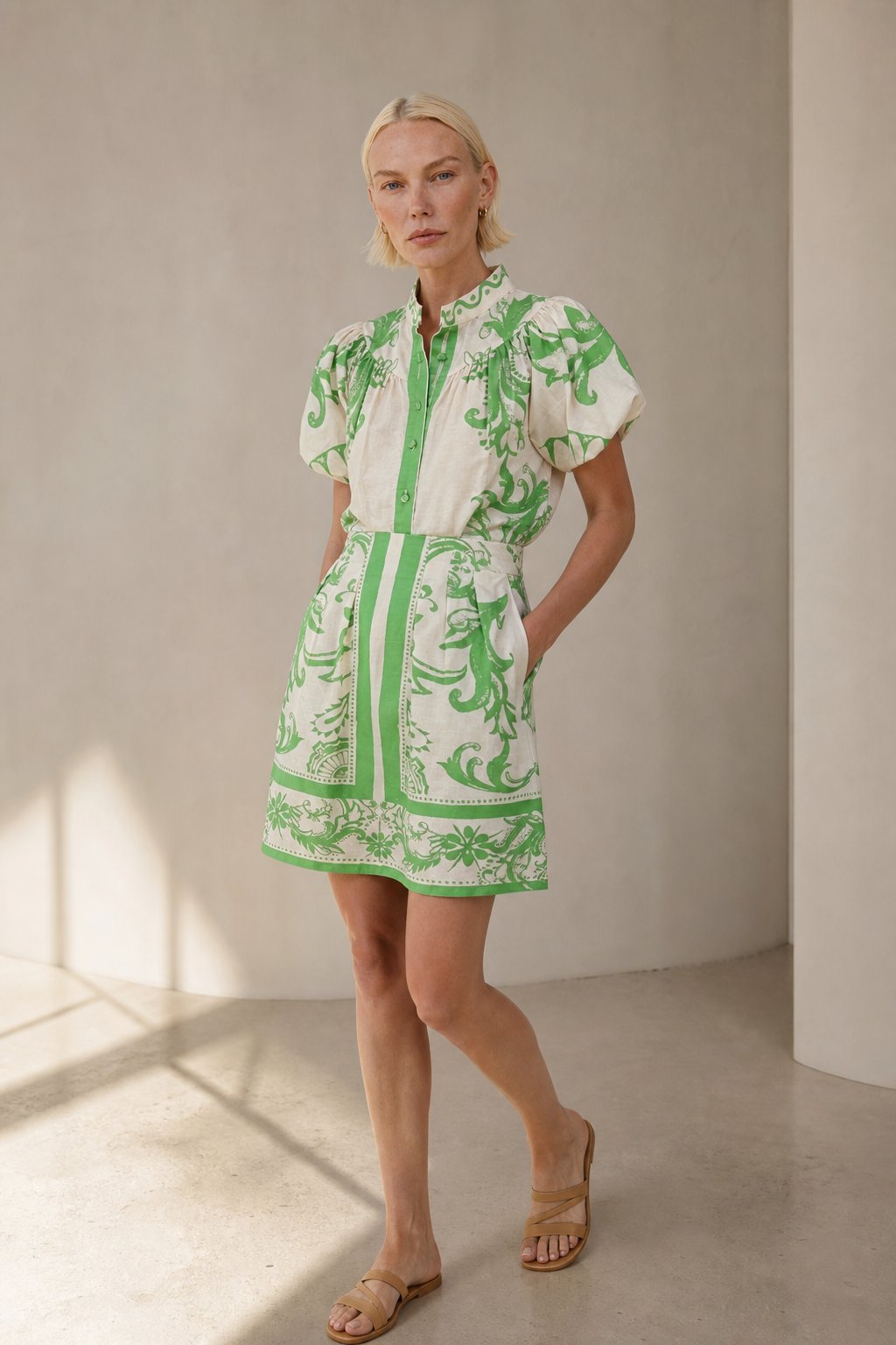 Floral linen blend puff sleeve two-piece set in Lime