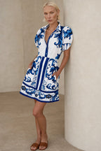 Floral linen blend puff sleeve two-piece set, detail view 3